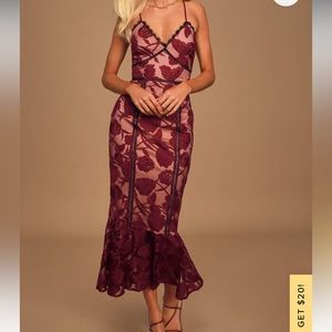Lulus burgundy floral midi lace dress